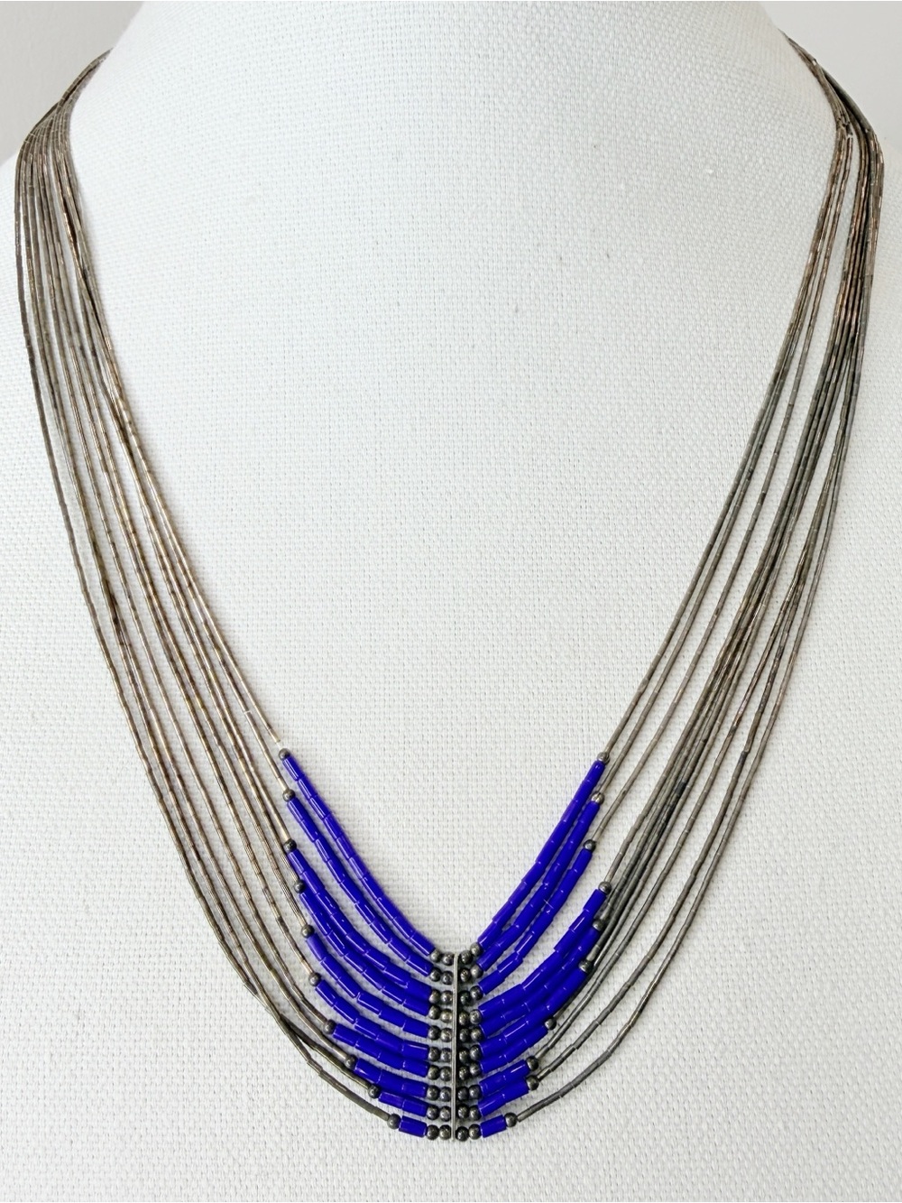 Vintage Sterling Silver Lapis Lazuli 10-Strand Liquid Silver Necklace 23โ